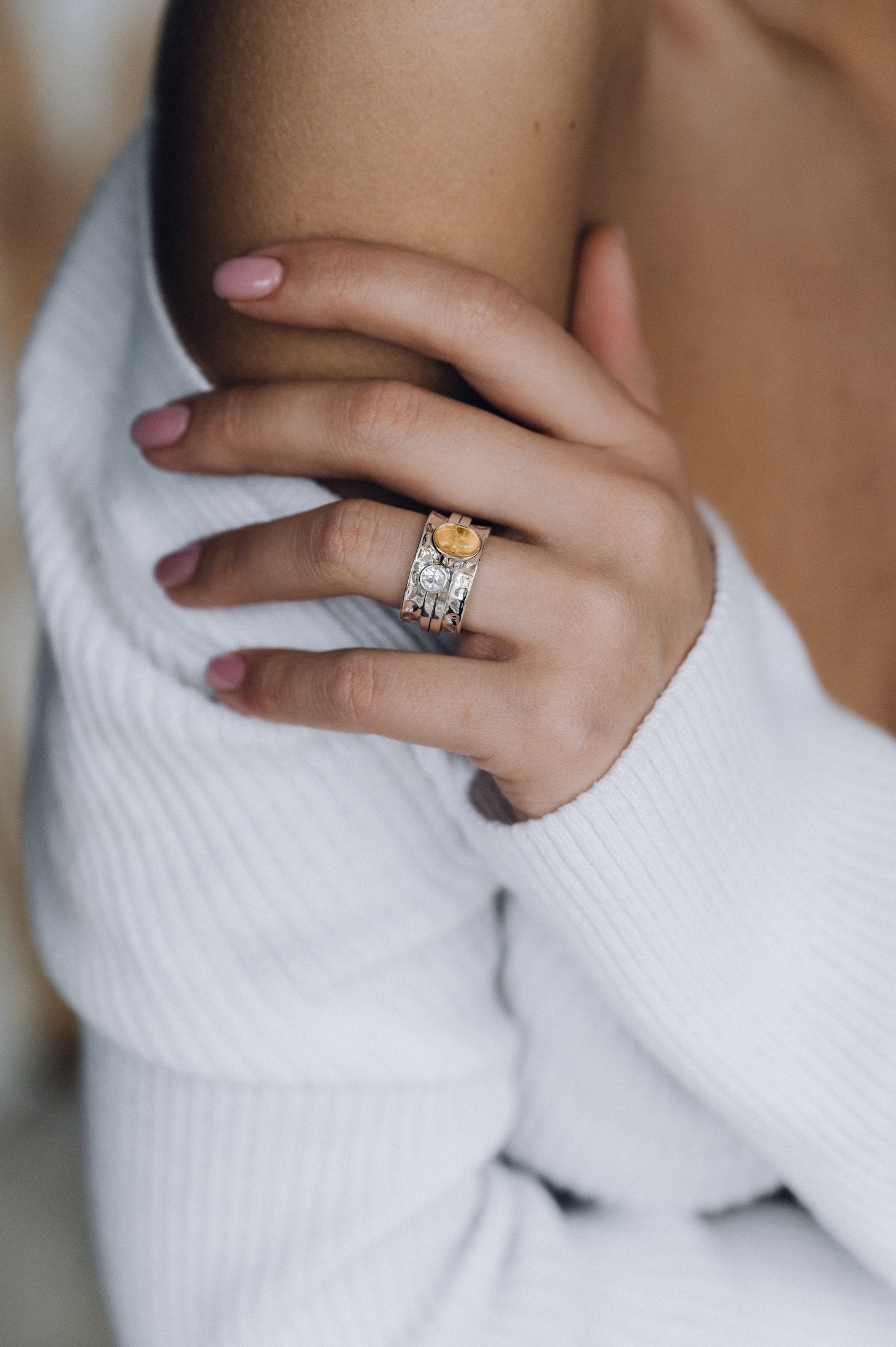 Mechanism Ring with Oval Cabochon Citrine and White Topaz
