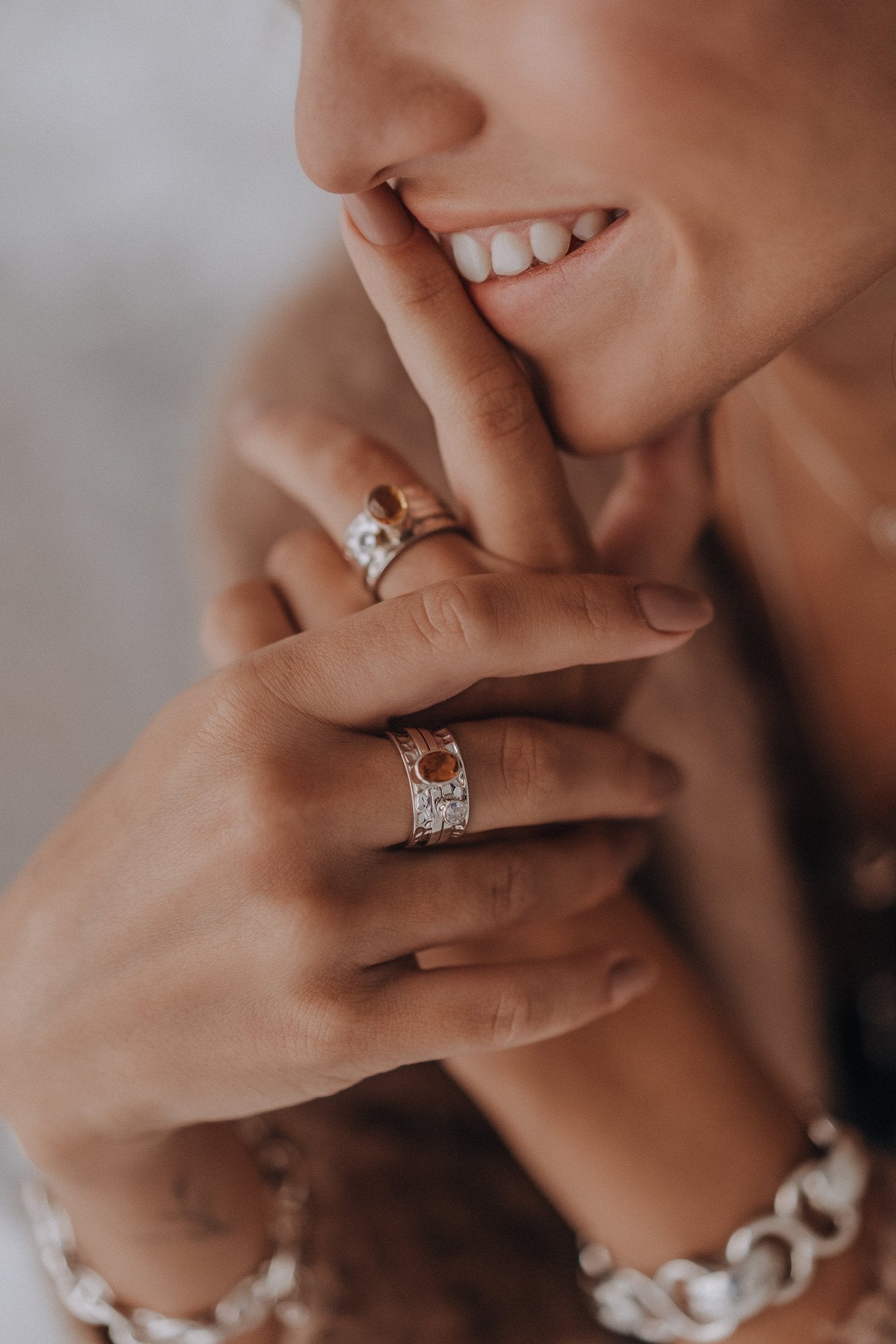 Mechanism Ring with Oval Cabochon Citrine and White Topaz