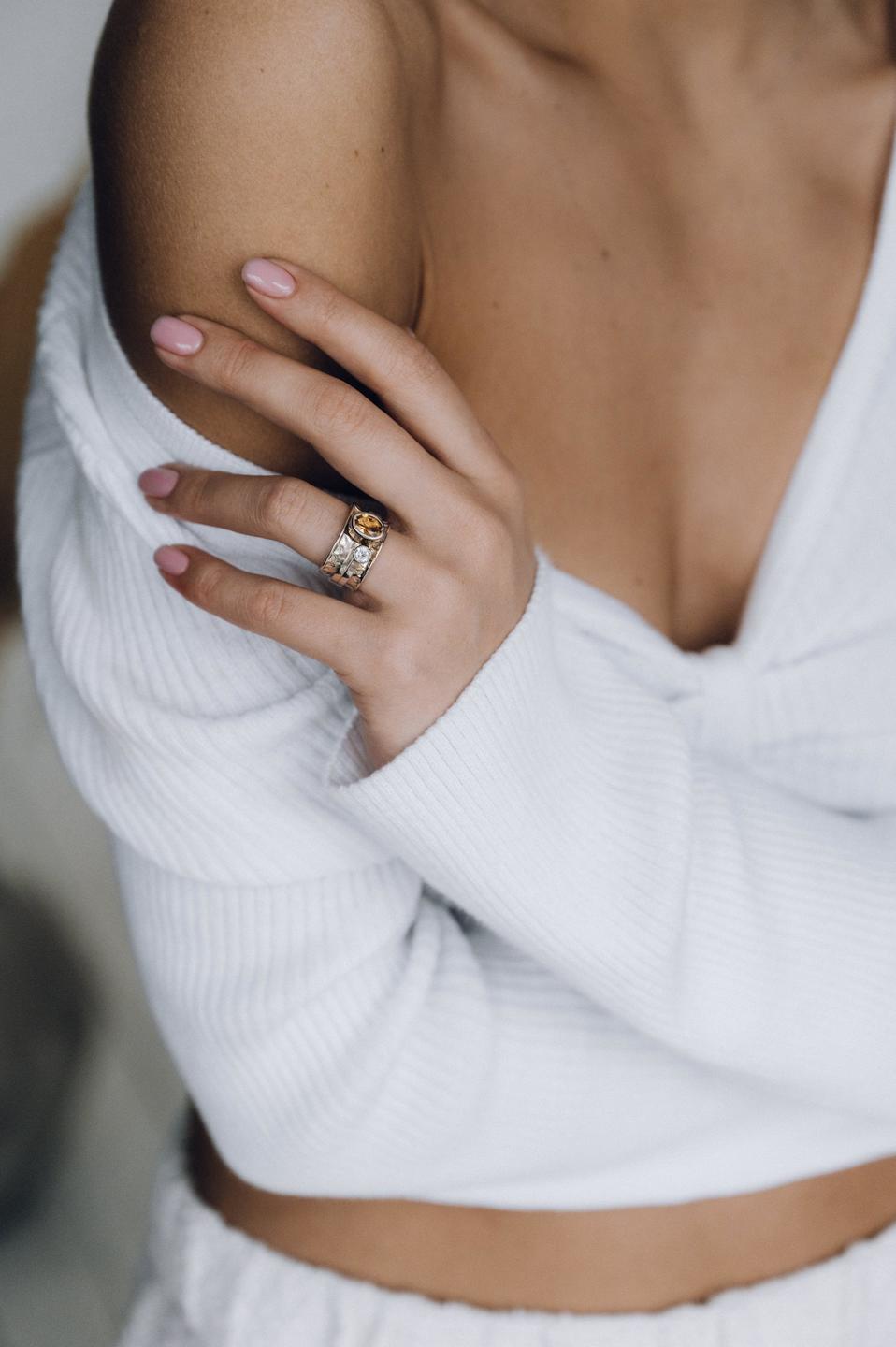 Mechanism Ring with Oval Facet Citrine and White Topaz